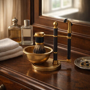 Vintage Gold & Black Wet Shaving Set with Stand, Bowl, Brush & Razor